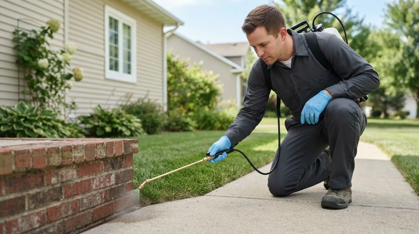Pest control technician treating a home near Goldvein, VA