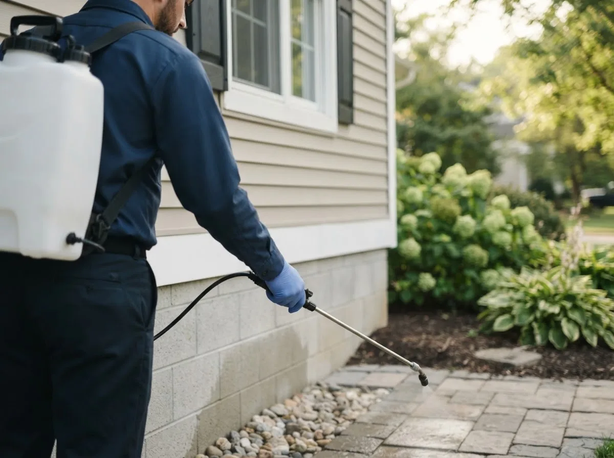Pest control technician inspecting a home in Goldvein, VA